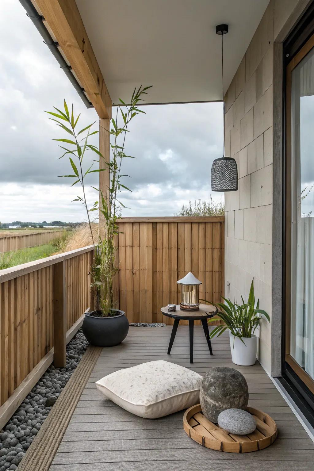 A Zen corner offers a peaceful retreat on a porch.