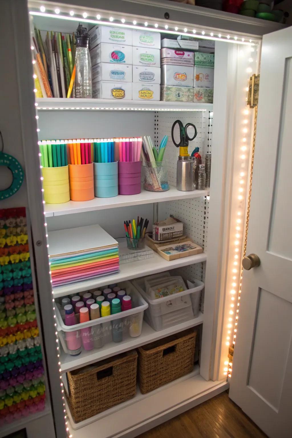 LED lights brighten your craft closet for better visibility.