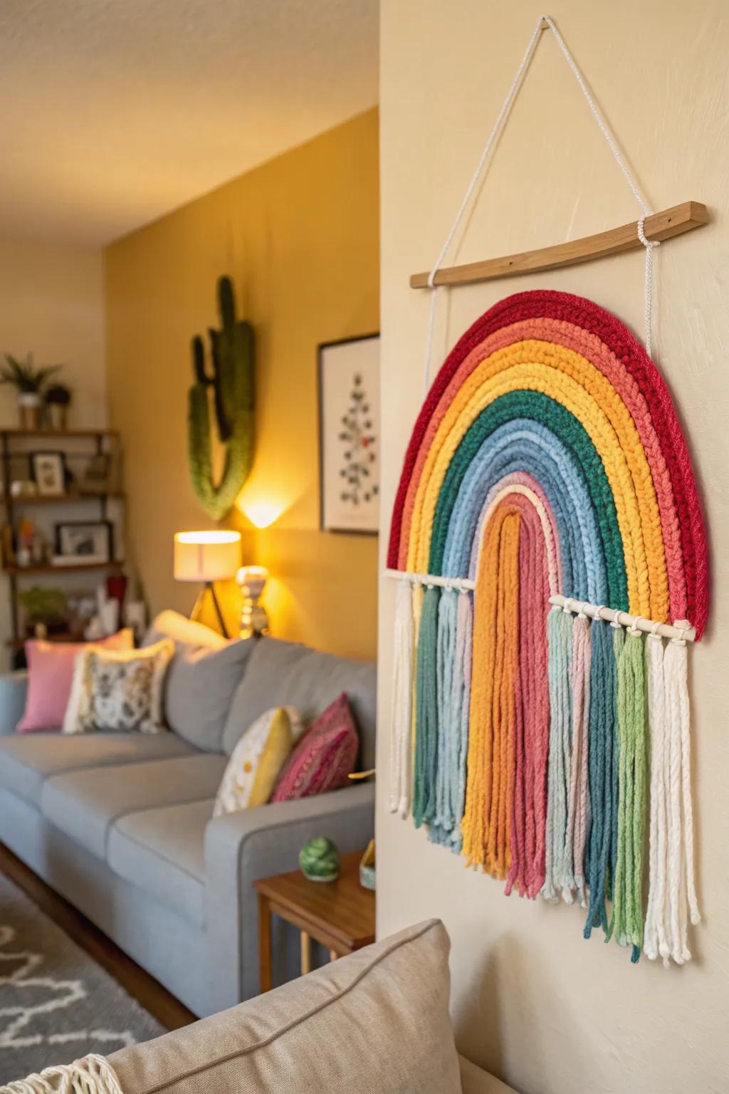 A vibrant rainbow wall hanging, adding a burst of color to mom's decor.