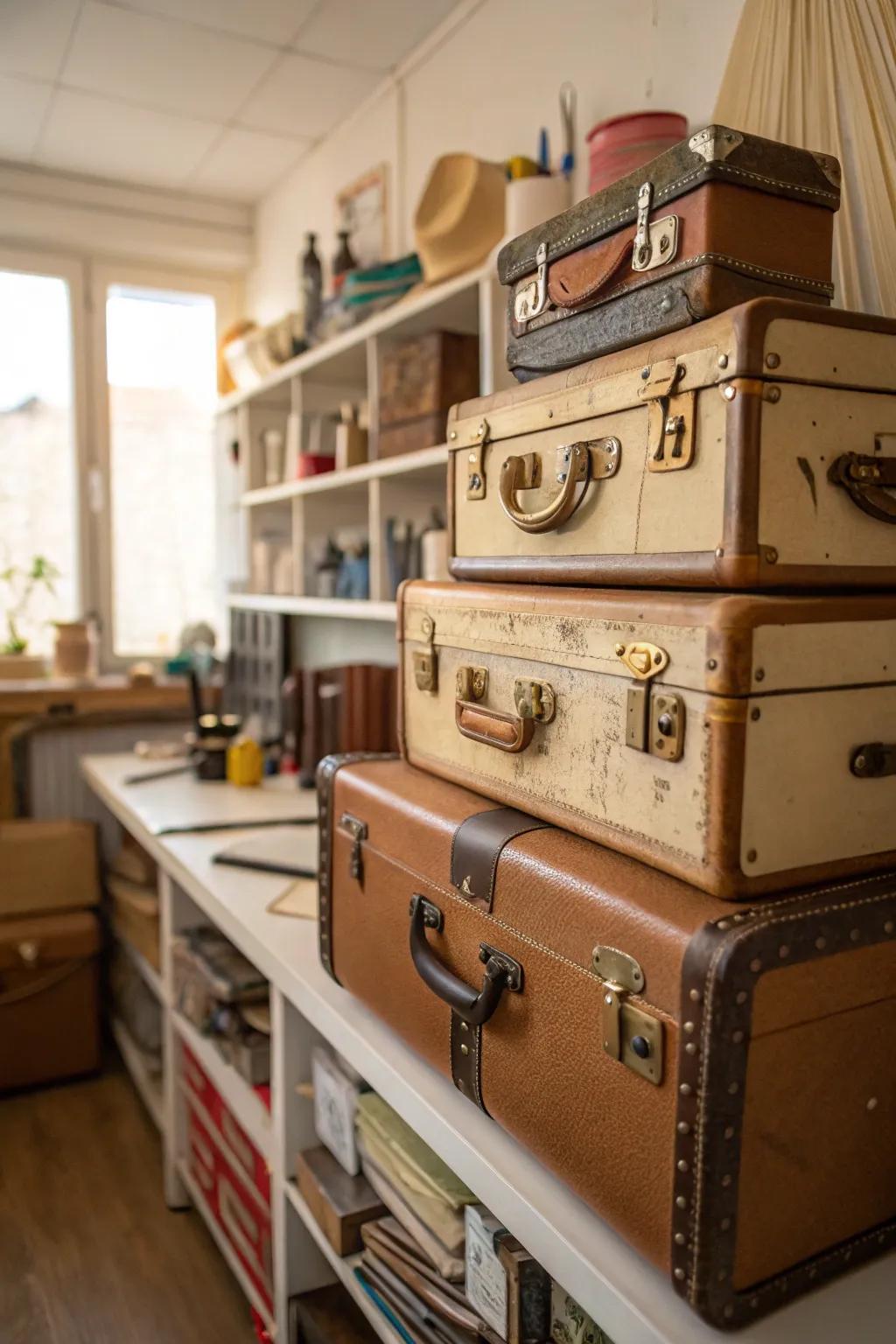 Vintage suitcases for charming and hidden storage.