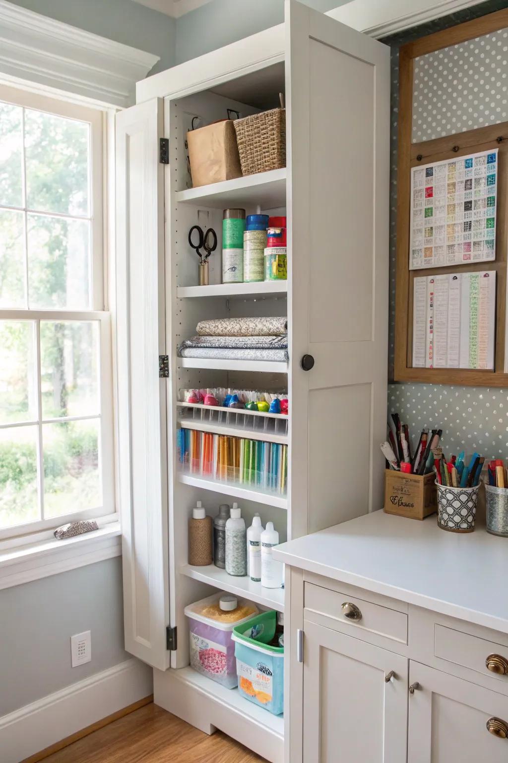 Hidden shelves keep craft supplies organized and out of sight.