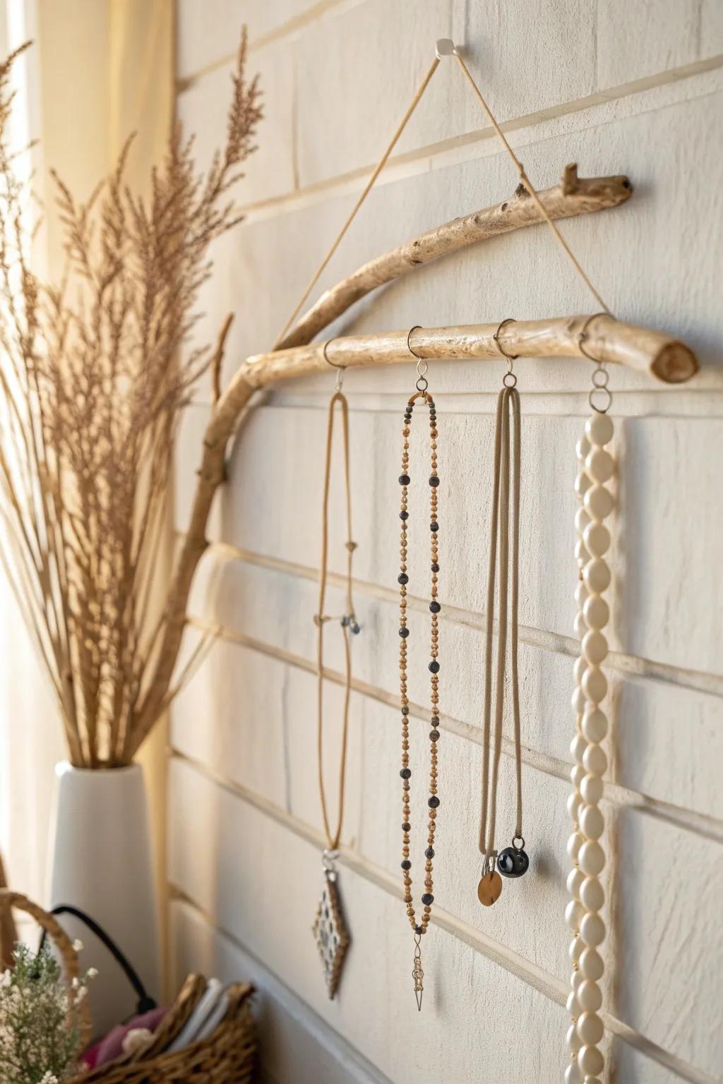 Elevate your accessory organization with nature's touch—twig jewelry hangers for a minimalist and eco-friendly display.