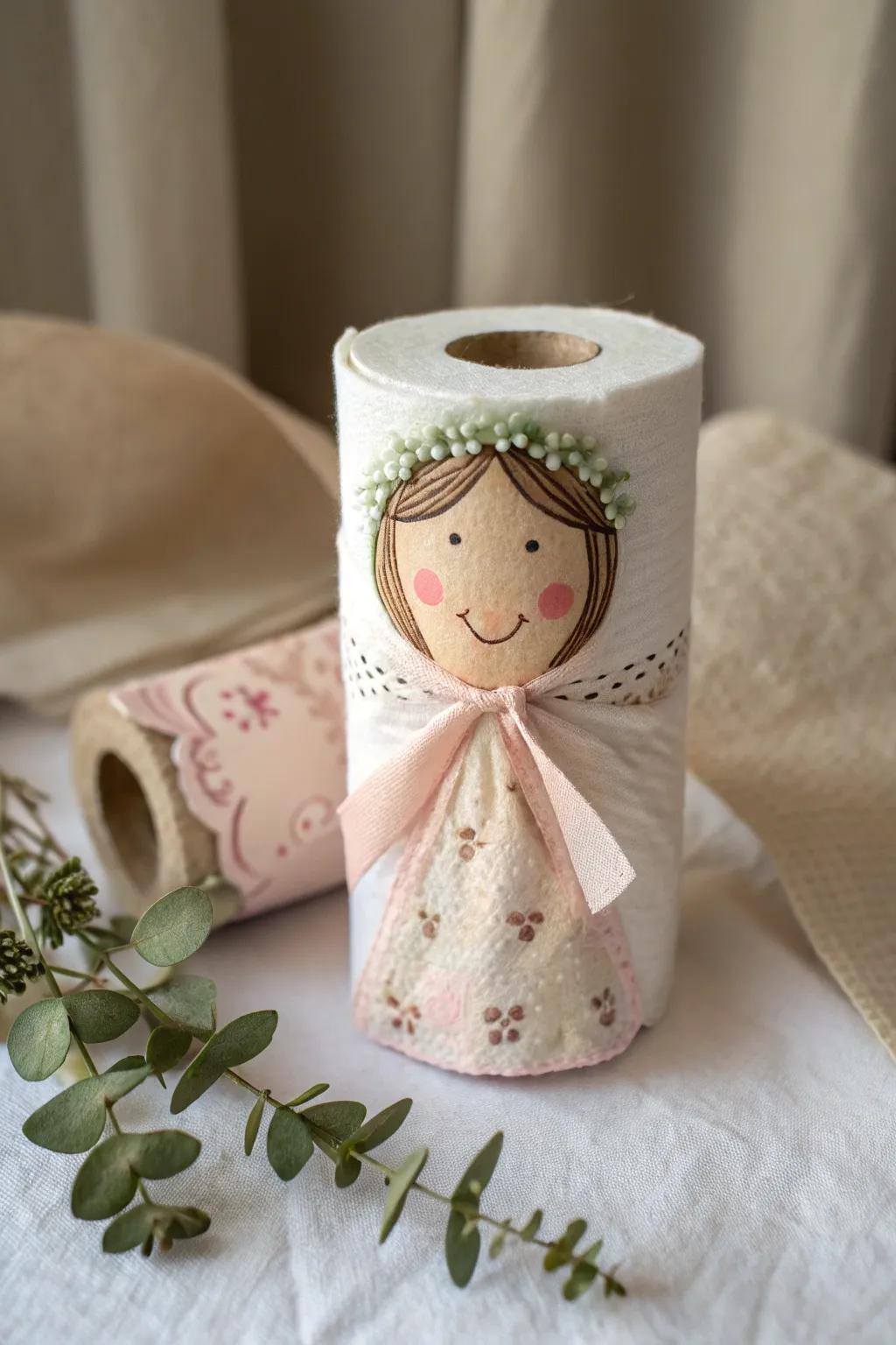 Craft your own charming doll character from a simple toilet roll, embodying minimalist elegance and playful creativity.