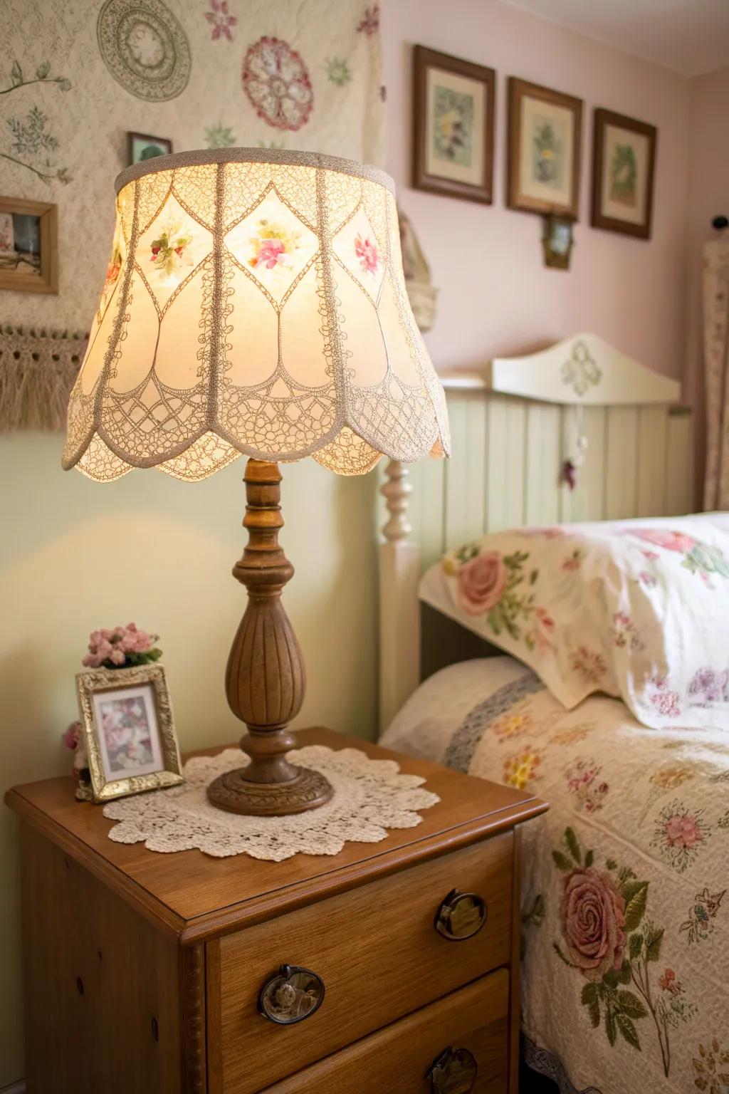 A bedroom lamp shade decorated with delicate vintage doilies.