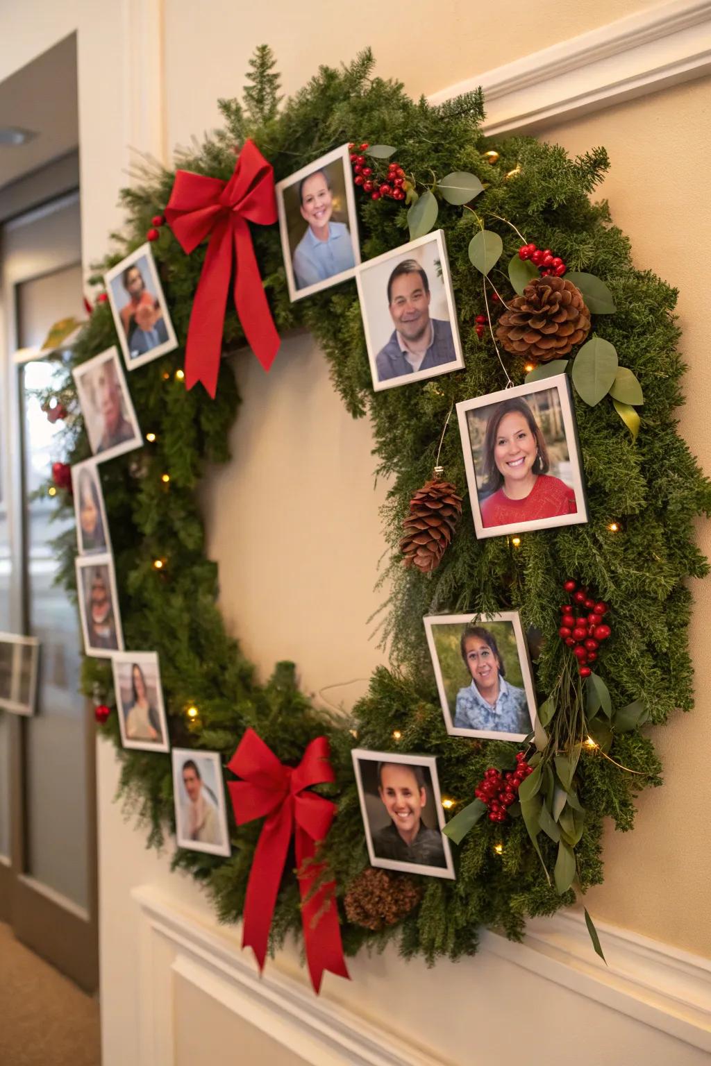 A festive photo wreath adds a personal and joyful touch to your office.