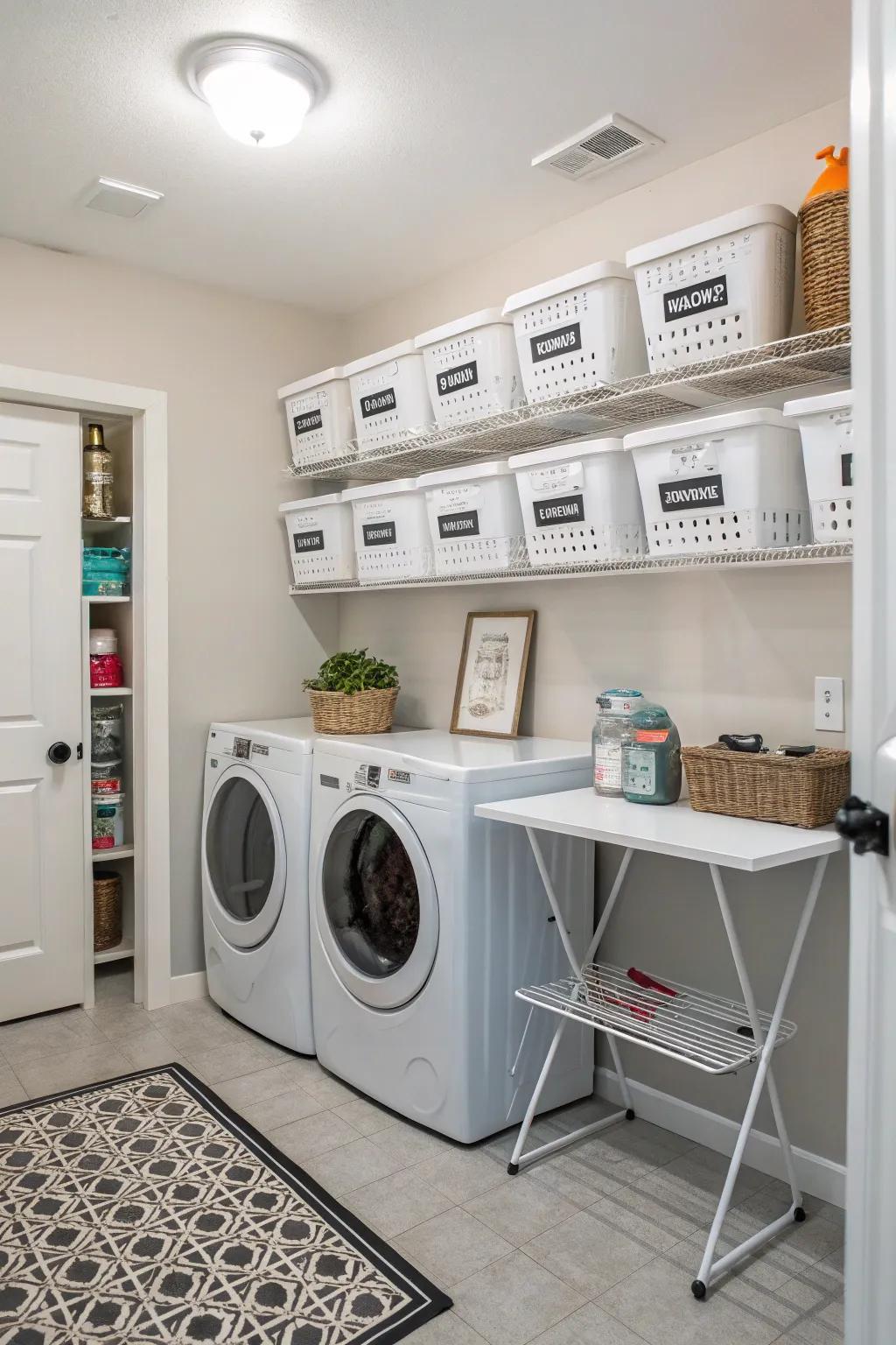 Labeled hampers streamline the laundry sorting process.