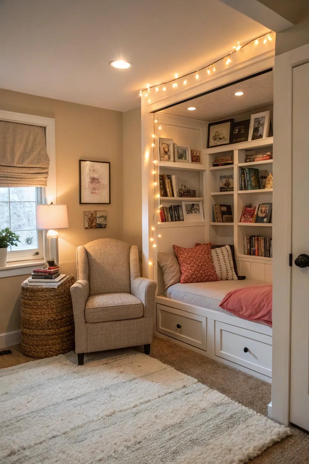 A cozy reading nook offers a retreat and subtly divides the space.