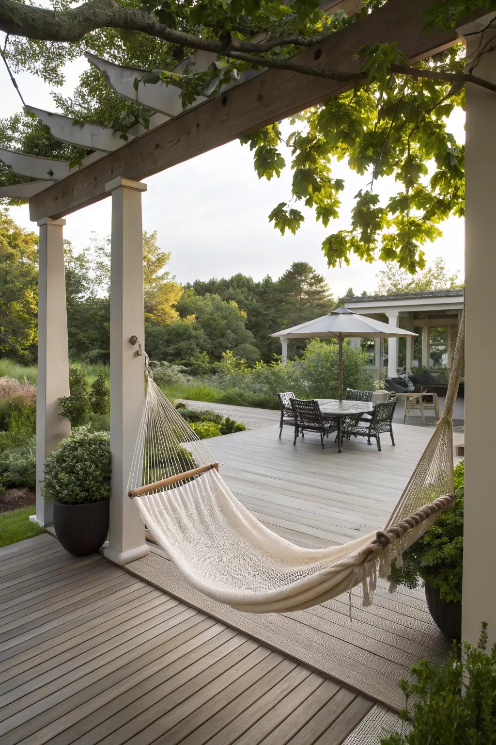 A deck hammock setup that provides comfort and style to outdoor living areas.