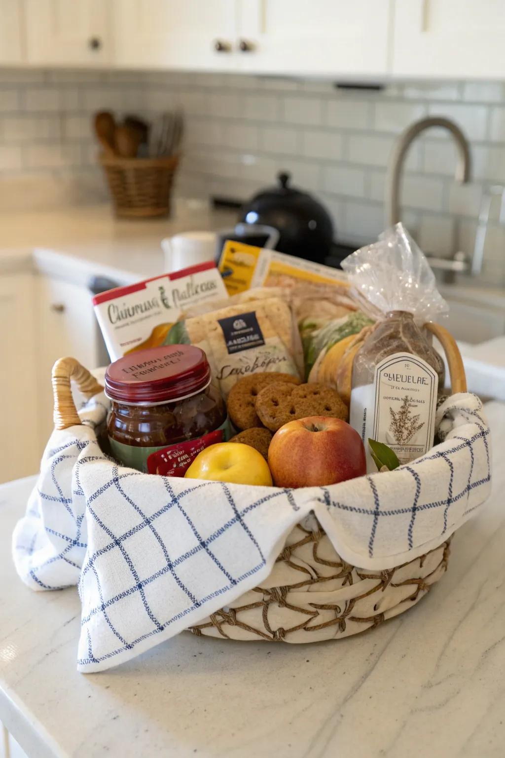 A practical and decorative tea towel wrapped gift basket.