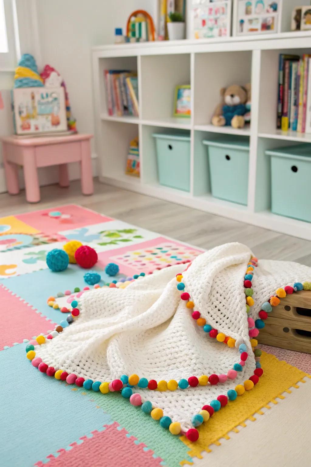 Add whimsy to your decor with a playful pom-pom edged crochet blanket.