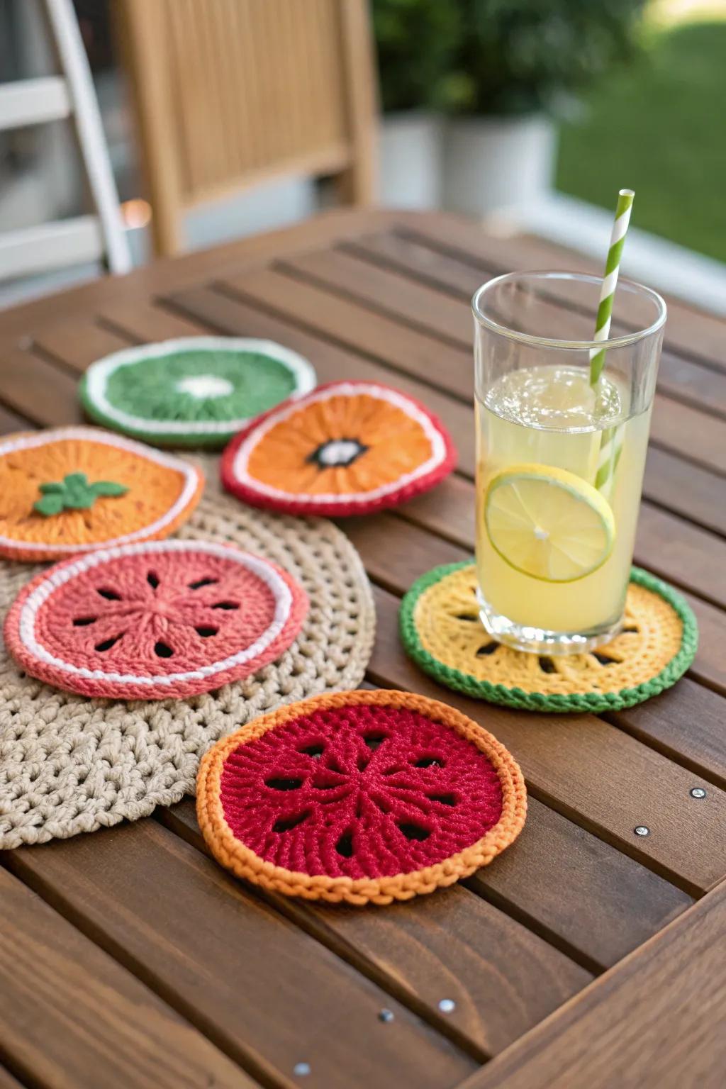 Add a fruity twist to your dining table with these crochet coasters.