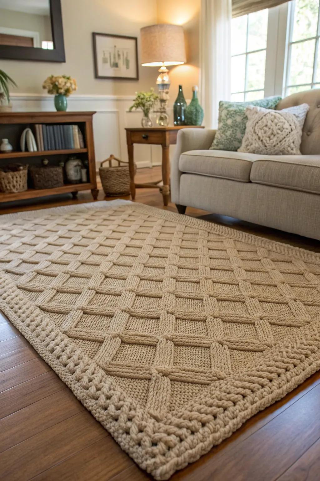 A living room featuring a classic basket weave crochet rug.