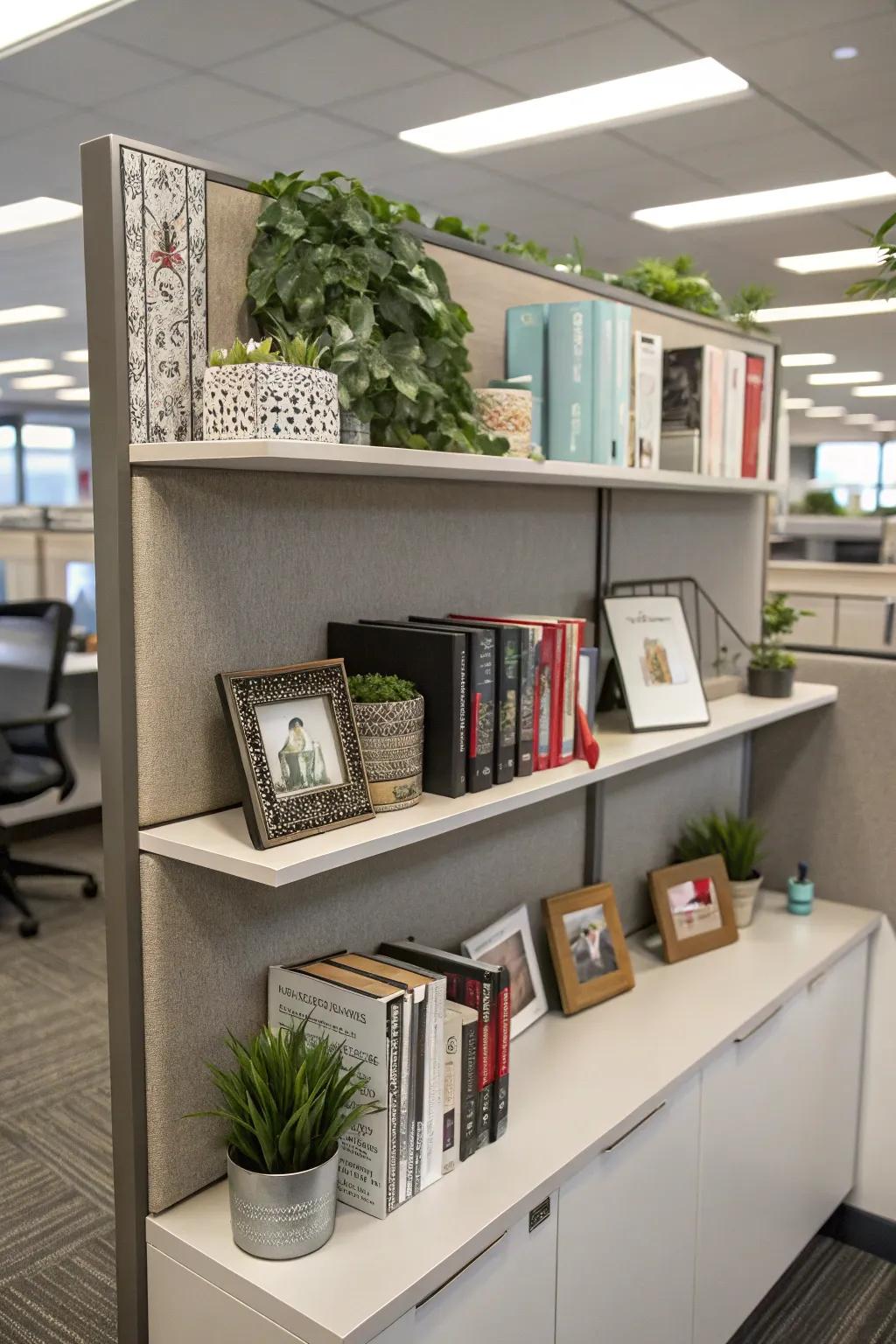 Floating shelves maximize vertical space for storage and display.