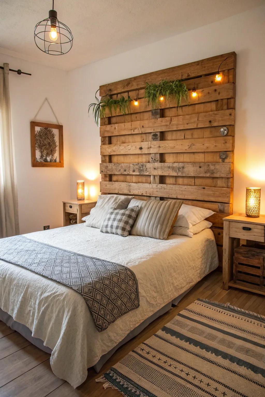 Pallets provide a rustic and budget-friendly headboard option.