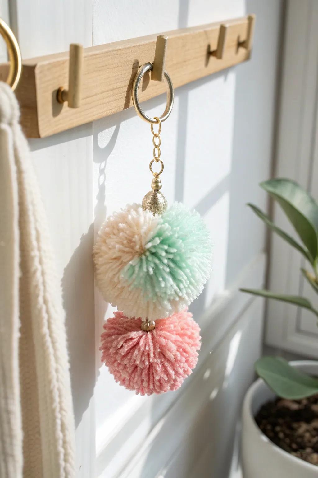 Add a touch of boho-chic to your everyday essentials with a handcrafted pom pom keychain.