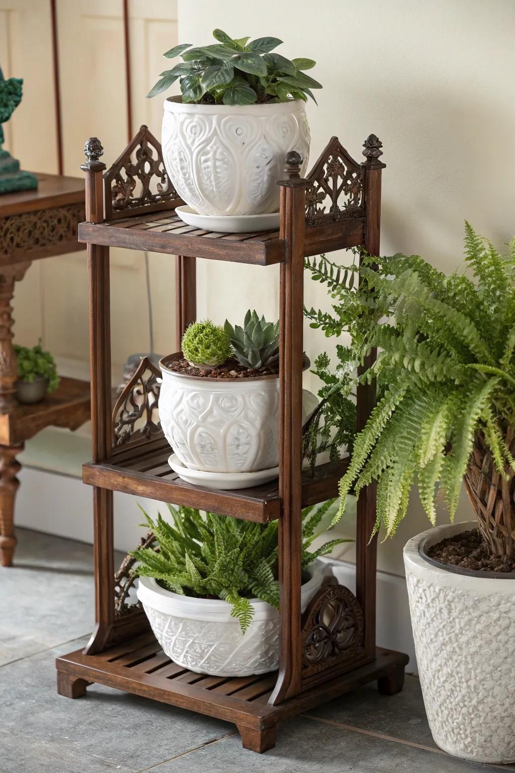 Elevate your greenery with a handcrafted multi-tier plant stand, a perfect blend of functionality and artisan craftsmanship.
