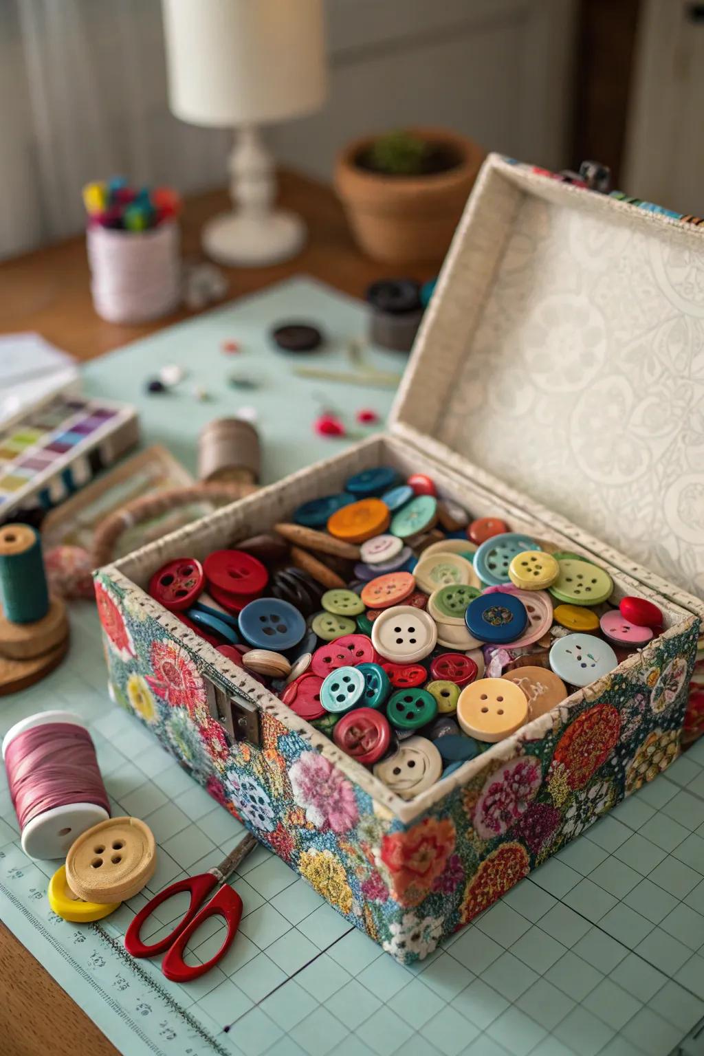 A quirky box decorated with colorful buttons.