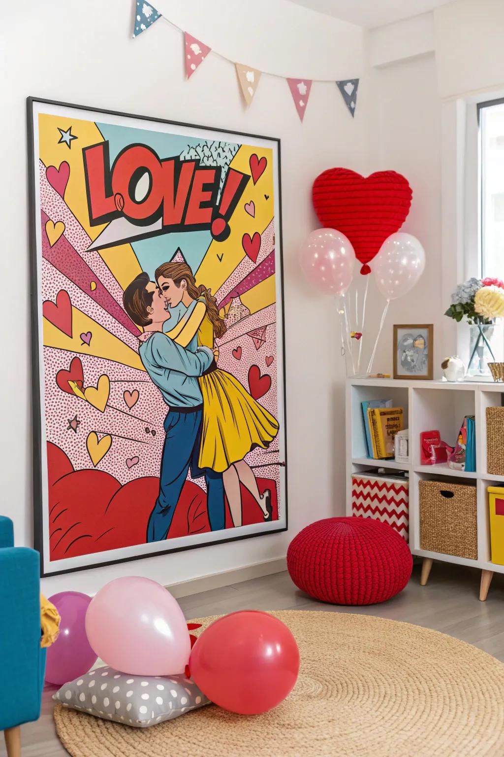 Bring playful energy with a comic book style love poster.