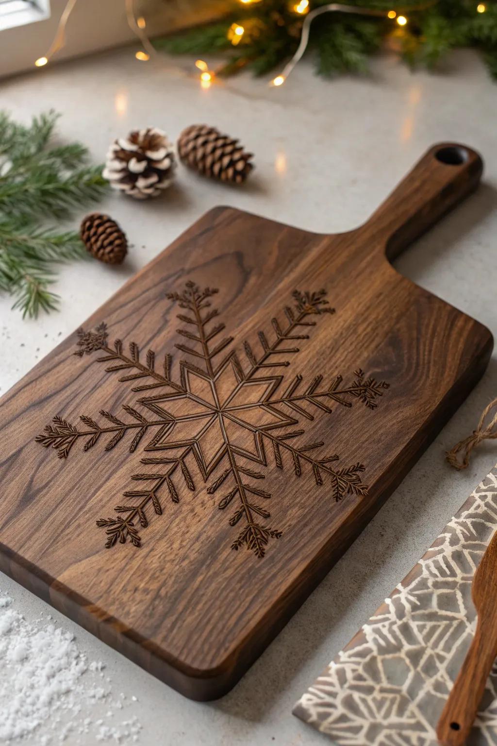 Elevate your kitchen's winter charm with this artisanal snowflake cutting board.