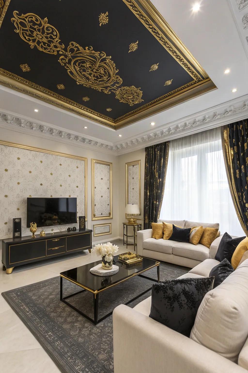 A glam living room featuring a black ceiling with gold accents and bright lighting.