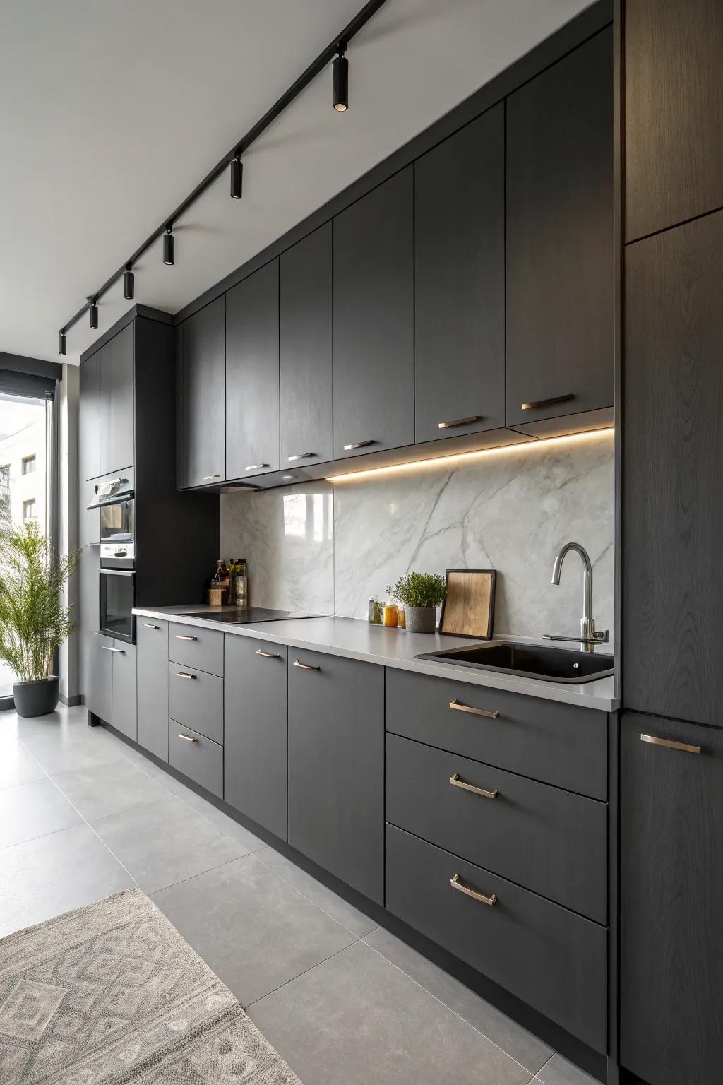 Minimalist hardware complements sleek dark gray cabinets.