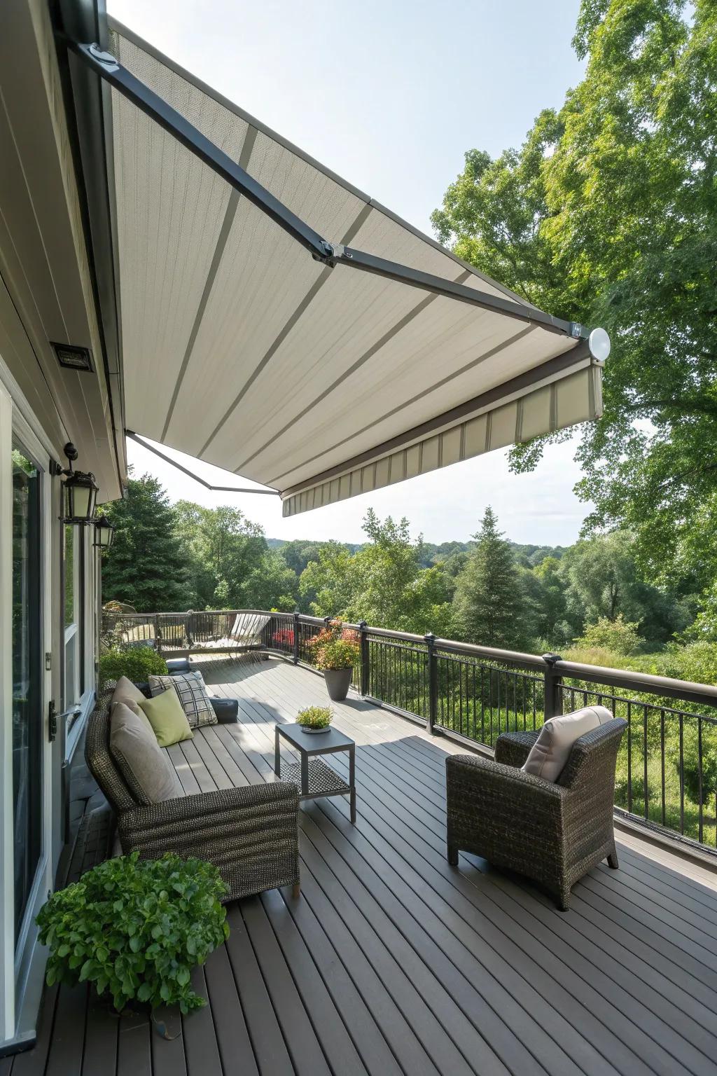 A retractable awning offers adjustable shade and privacy on this versatile deck.