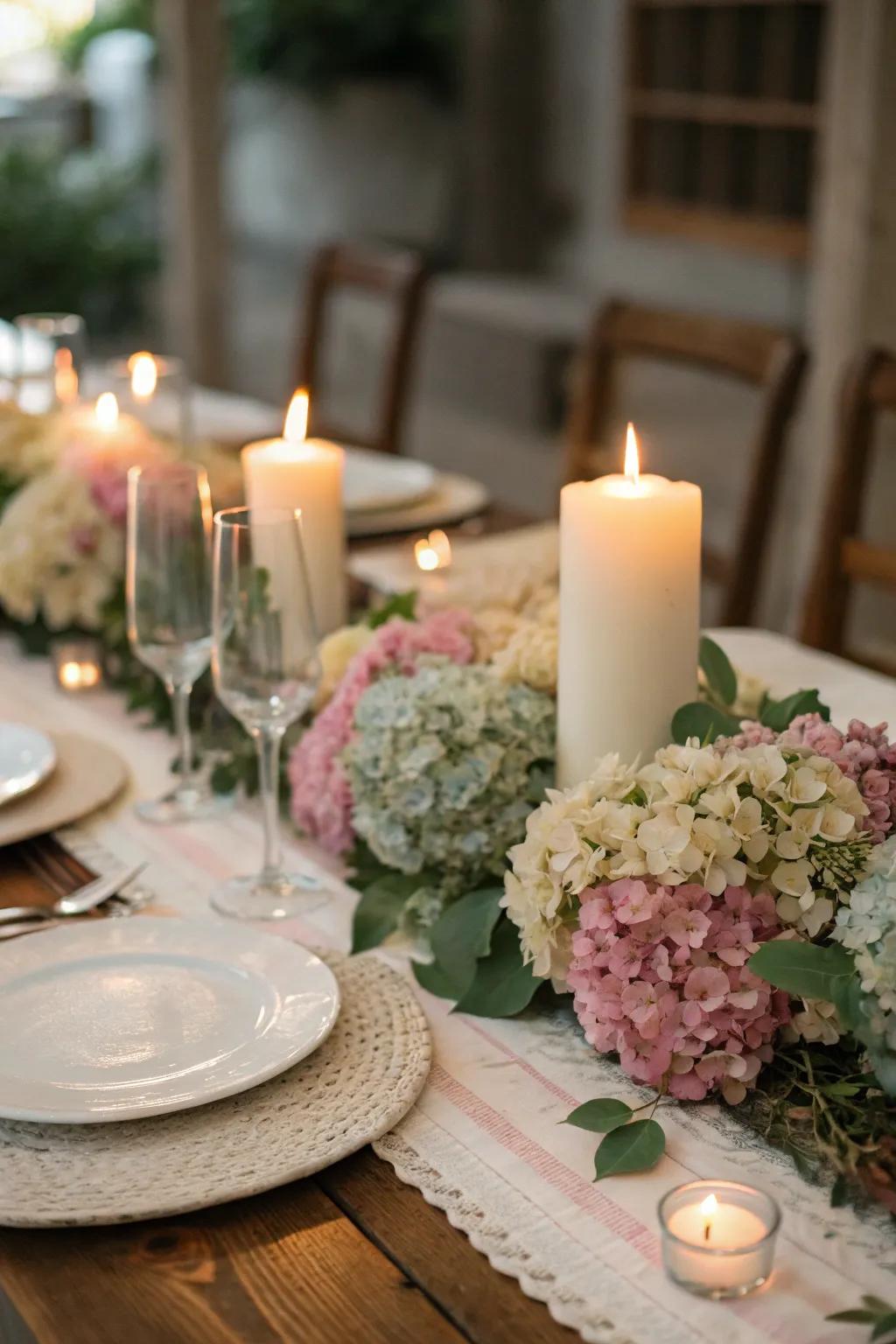 A hydrangea table runner sets the stage for elegant dining.