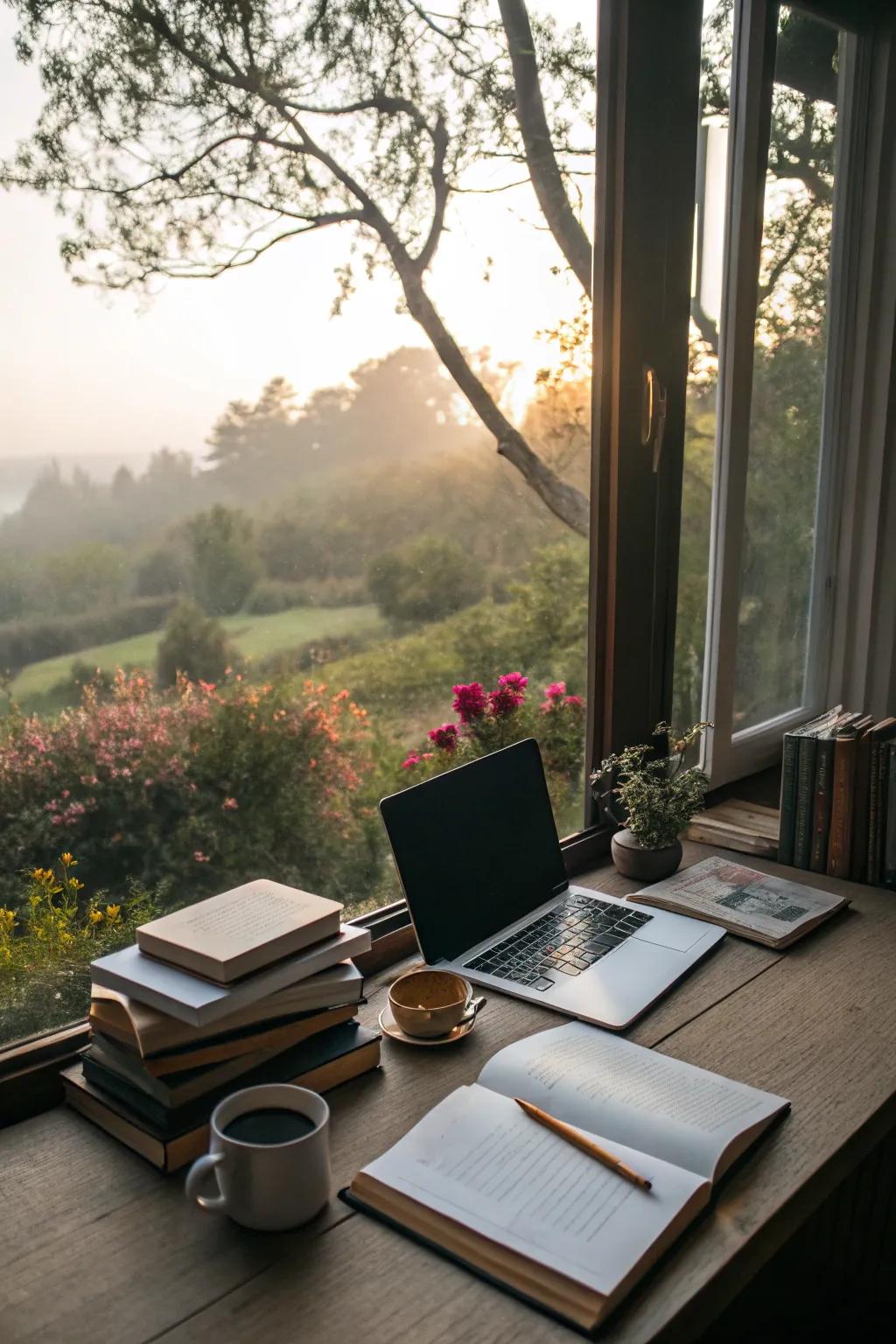 A window-side desk offering a serene and productive workspace.