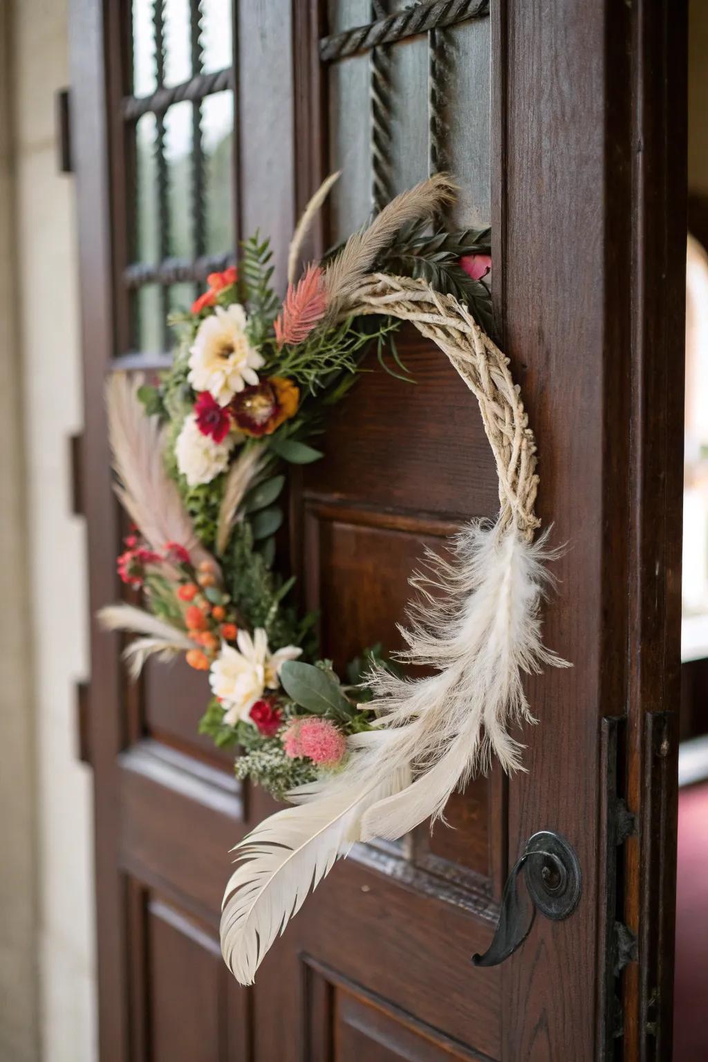 Natural elegance with a feather and flower wreath.