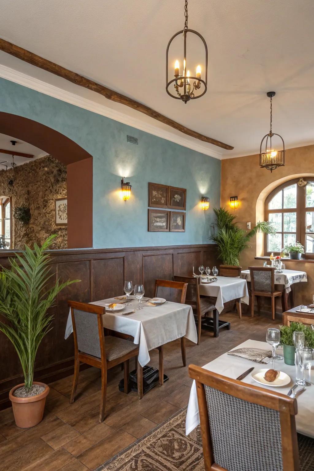 A cozy dining room with brown and light blue hues.