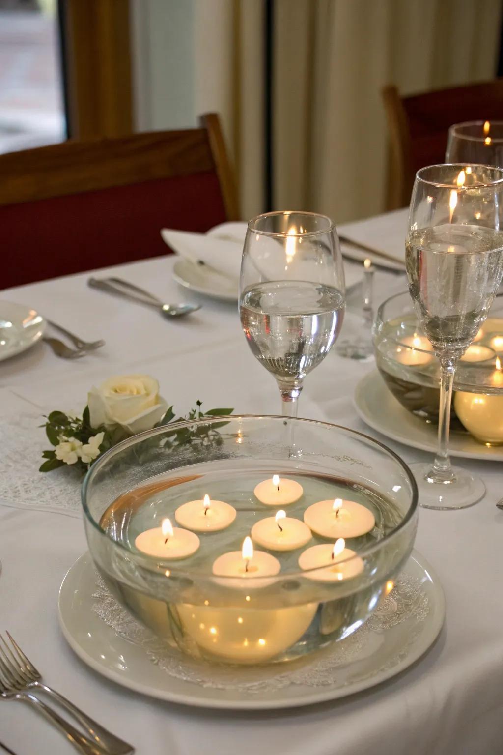 An elegant centerpiece featuring candle bowls with floating tea lights, adding a touch of luxury.