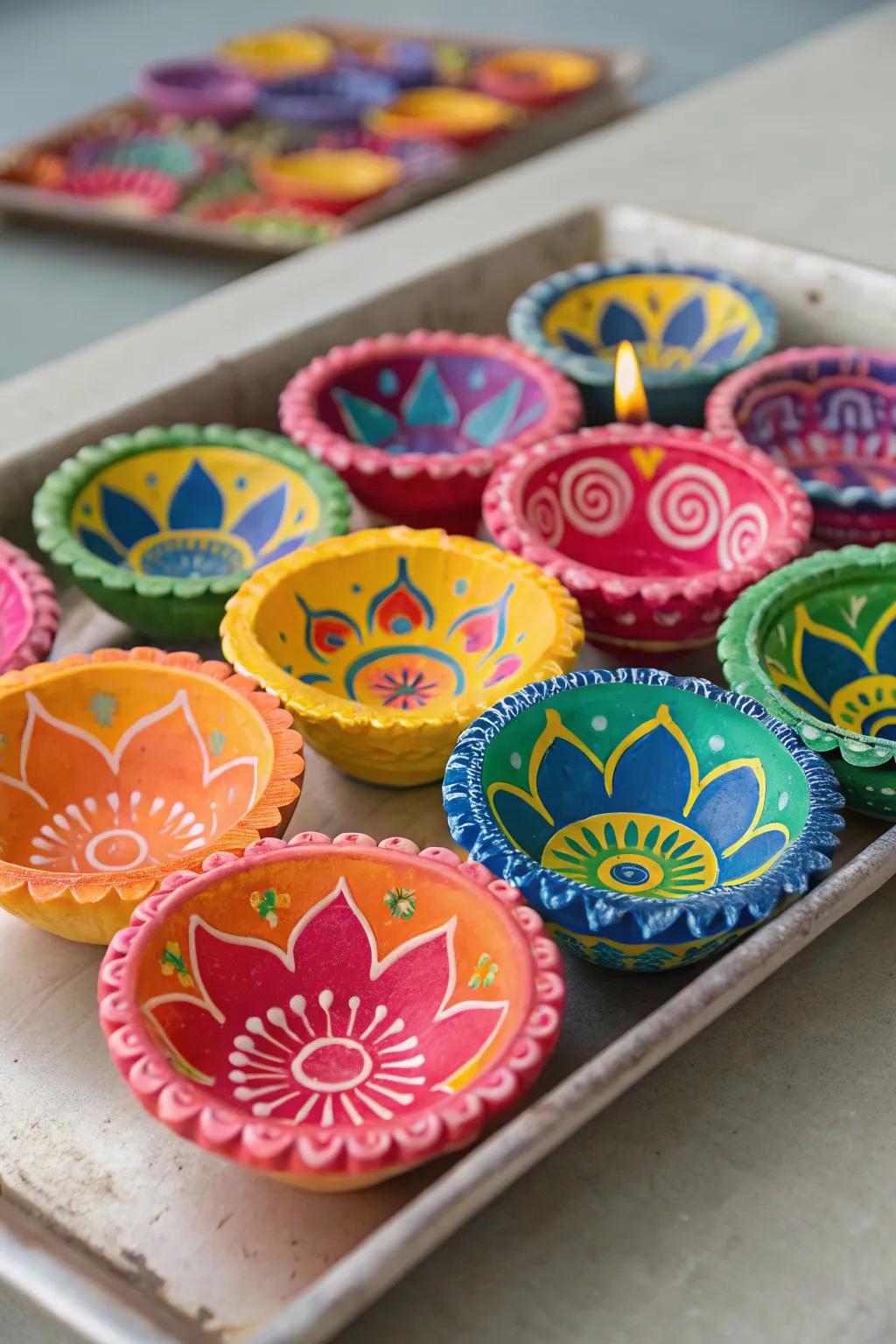 Craft lightweight and colorful paper mache diyas.