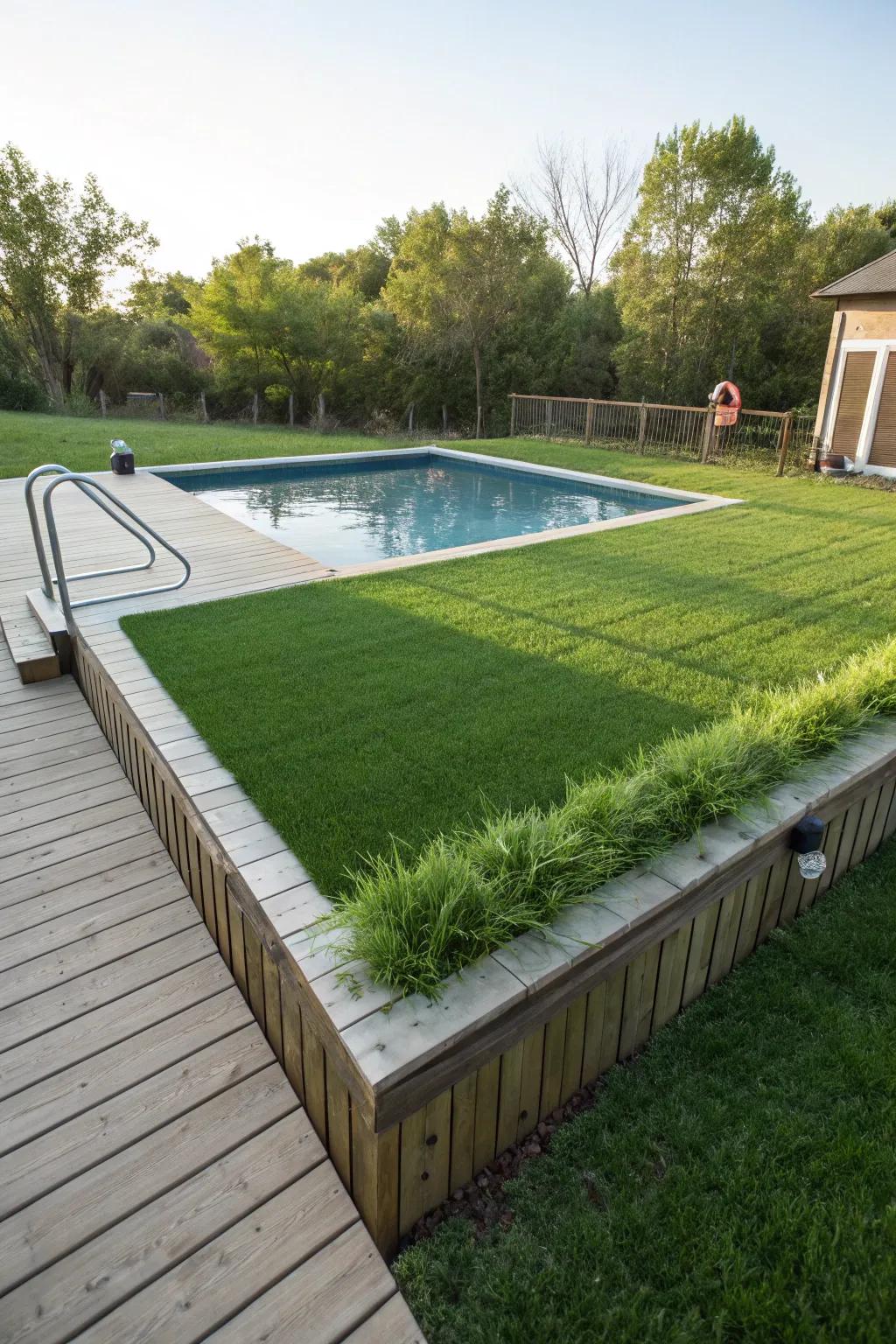 Turf grass is a soft, low-maintenance option for a family-friendly pool deck.