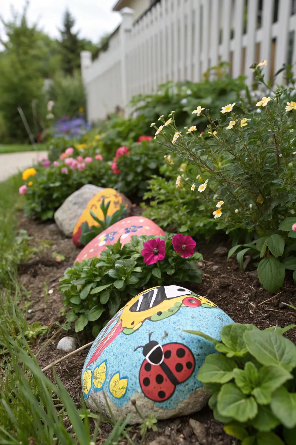 Painted rocks bring color and charm to garden paths and plant beds.