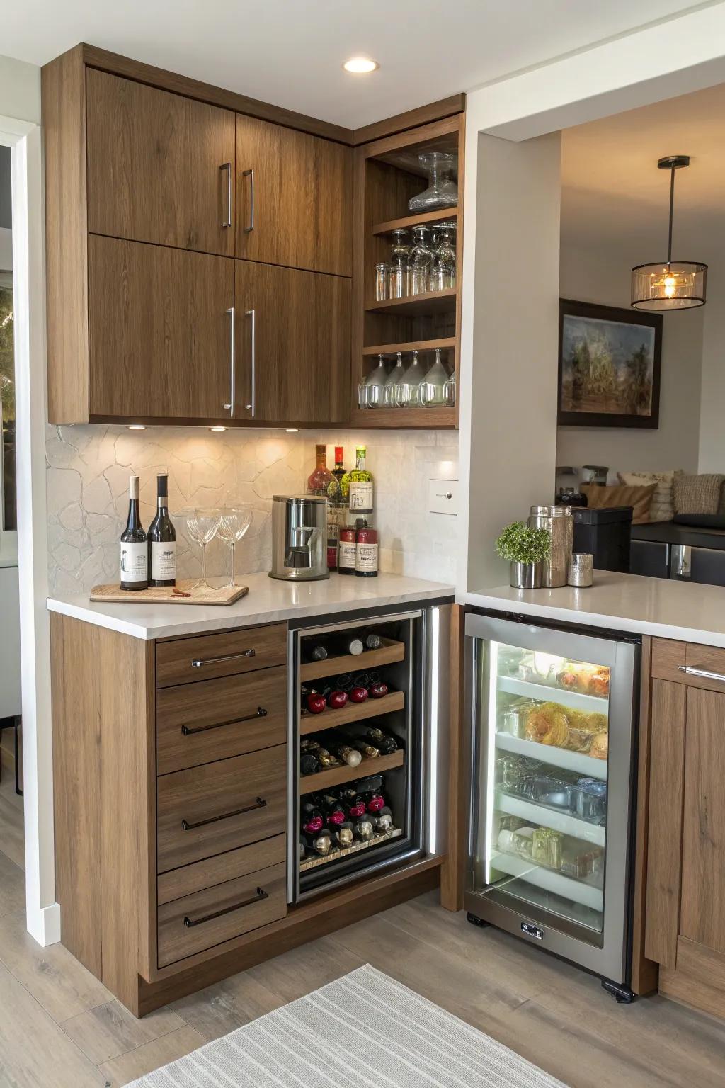 A stylish corner cabinet bar that maximizes space efficiently.