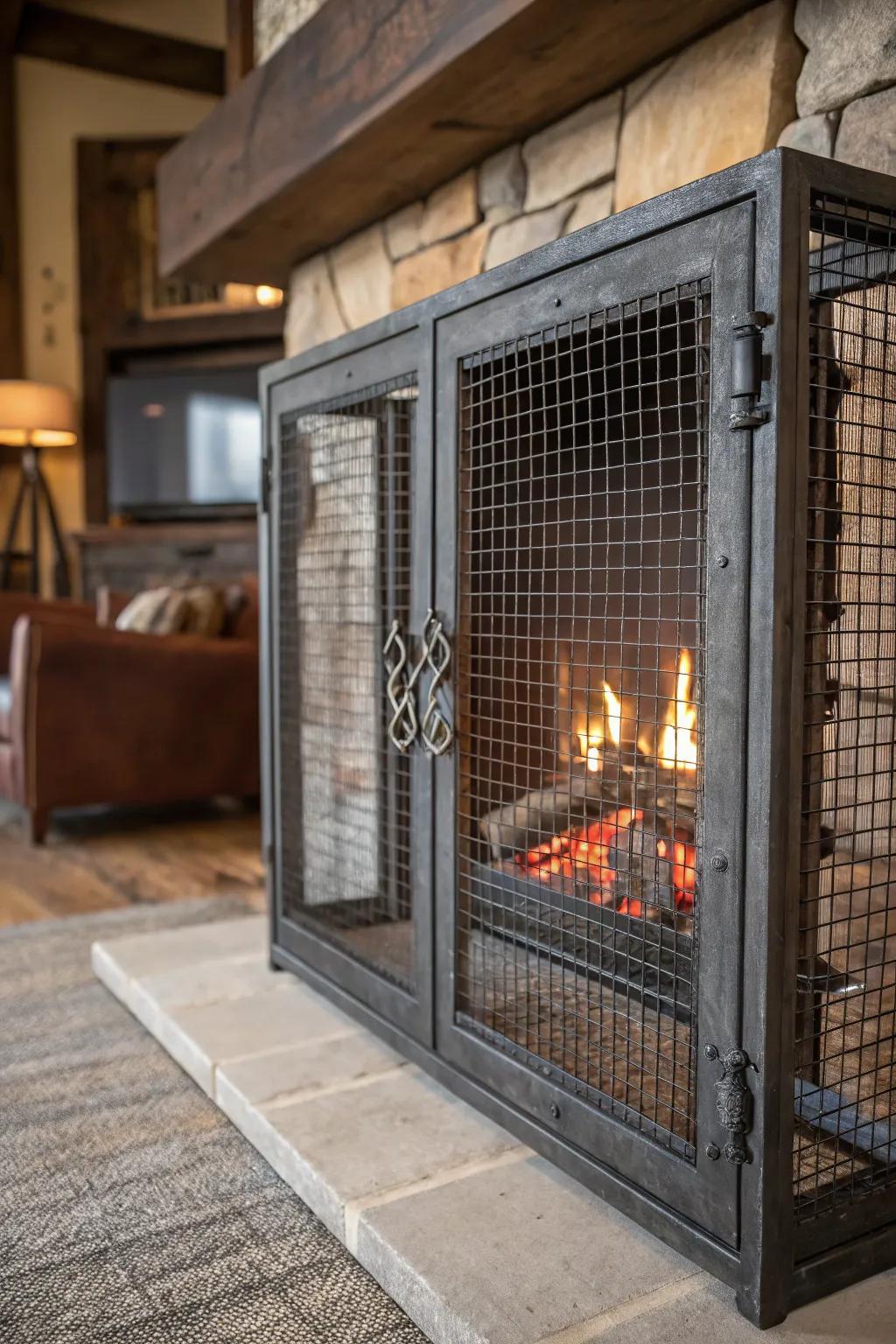 Elevate your space with an industrial-chic wire mesh fireplace screen that marries style with functionality.