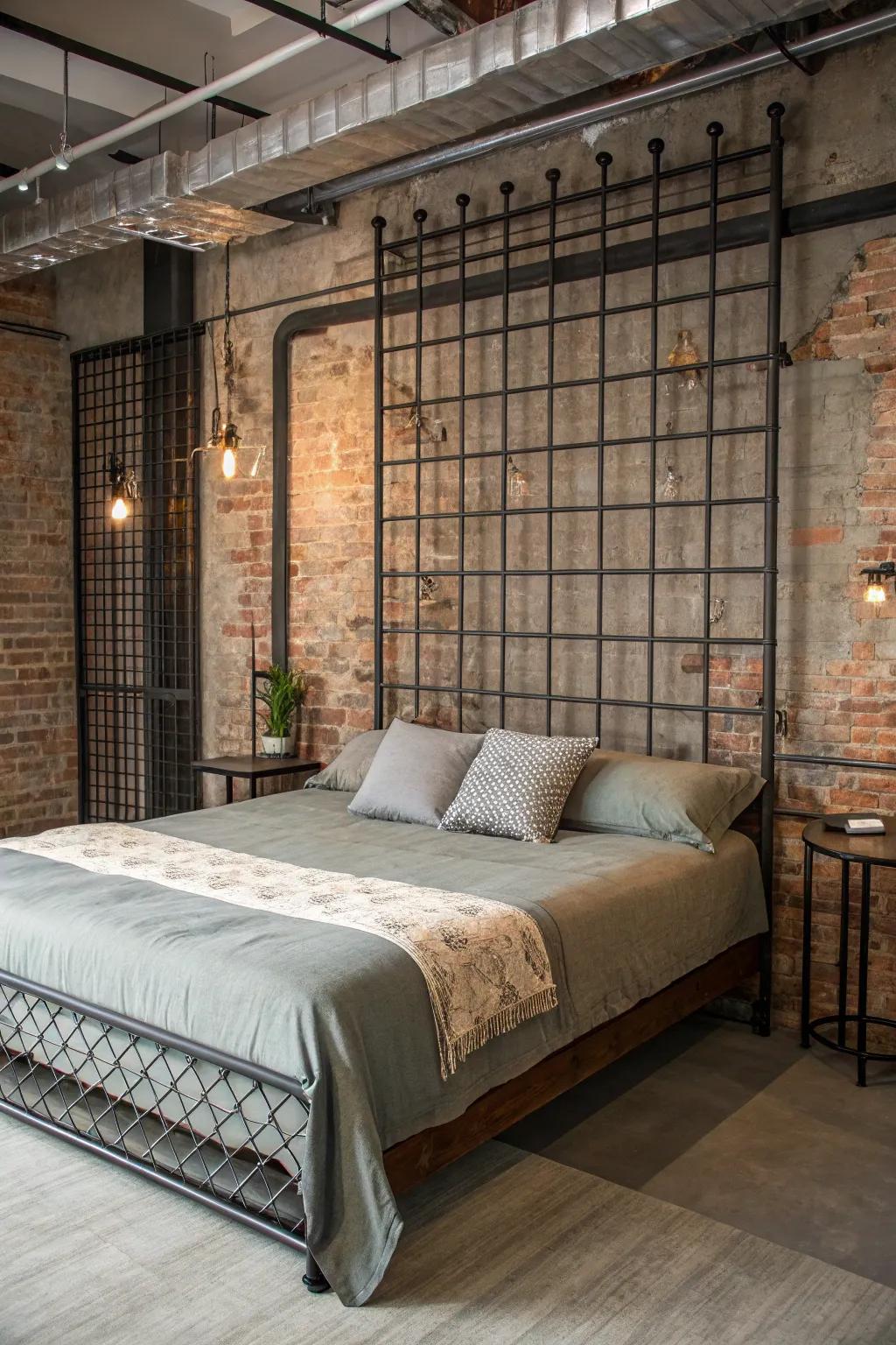 A metal grid headboard enhances an urban, industrial vibe.