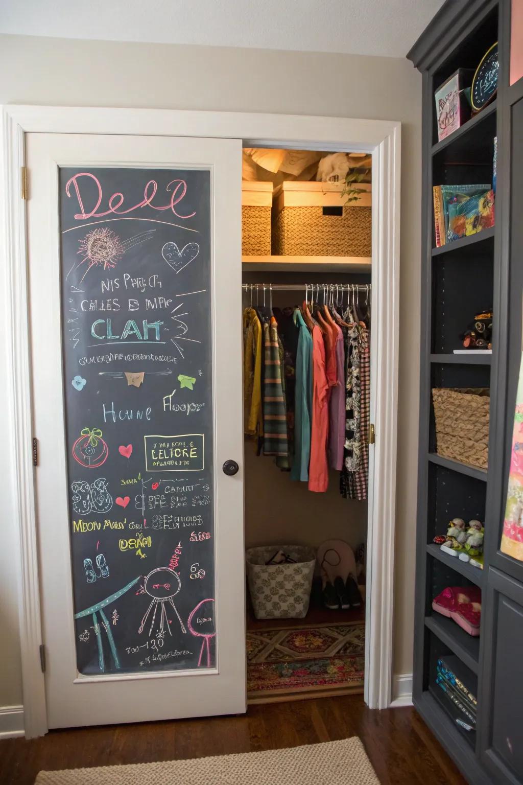 A chalkboard door adds a touch of fun and functionality to a closet.