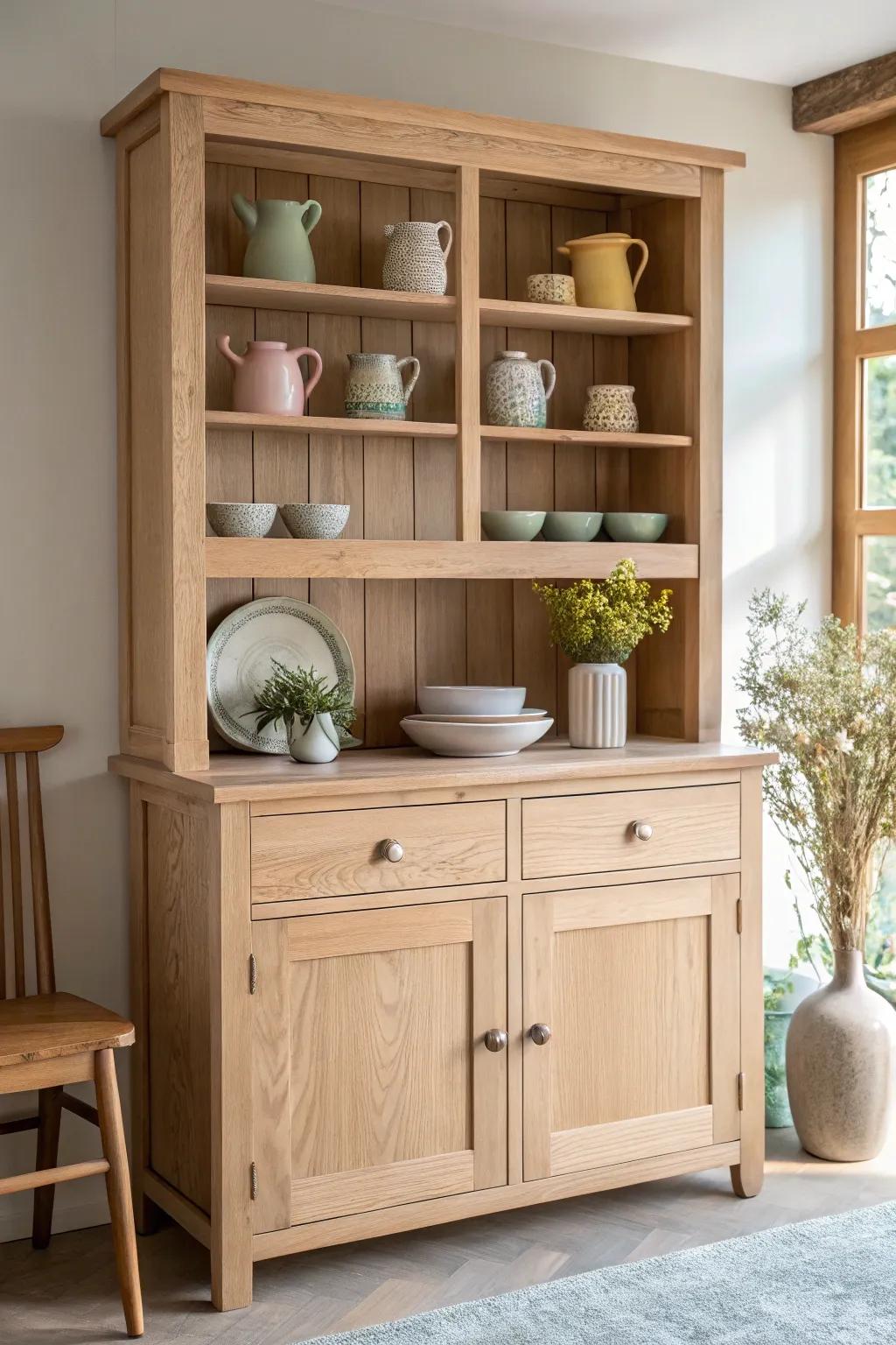 Transform your kitchen with seasonal decor on a minimalist hutch—embrace simplicity and natural beauty.