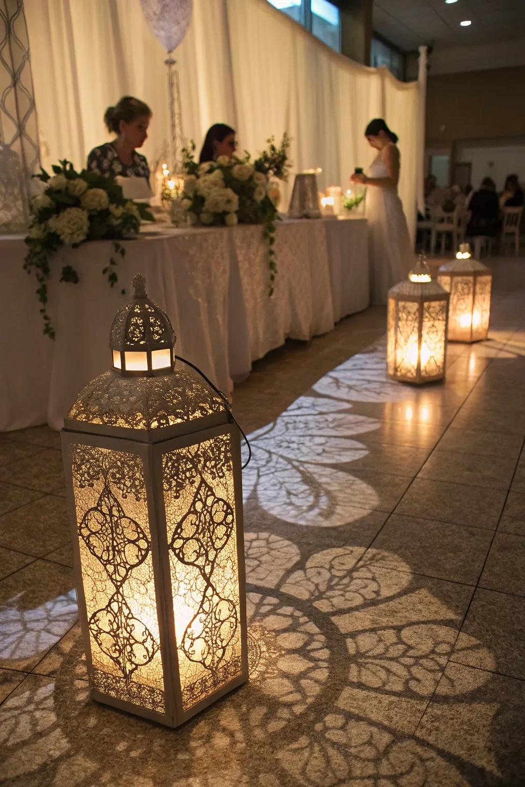 Lace lanterns add a romantic elegance ideal for special occasions.