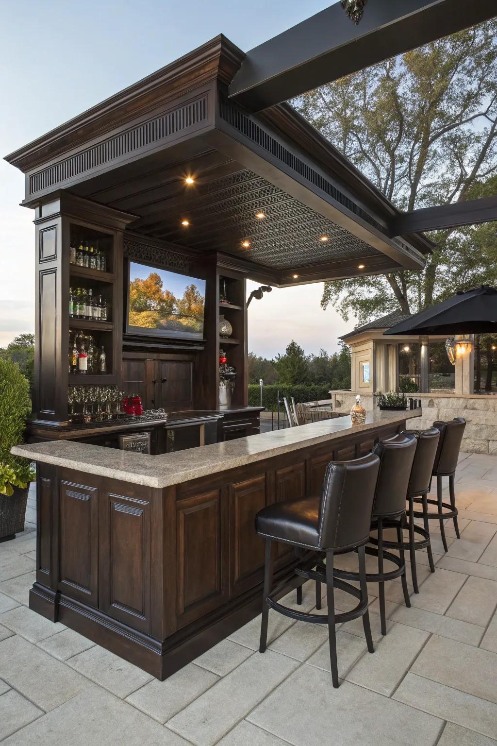 An outdoor bar TV setup ensures you never miss the game.