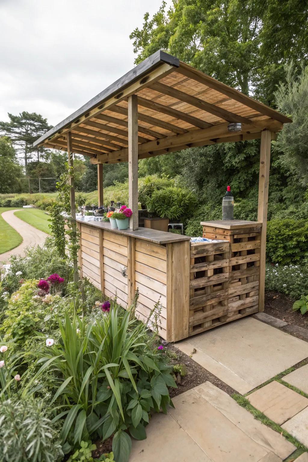 A pallet bar with a roof, offering shelter for outdoor enjoyment.