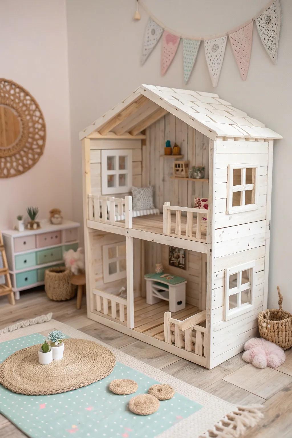 Inspire creativity with a charming pallet dollhouse, where imagination meets minimalist design.