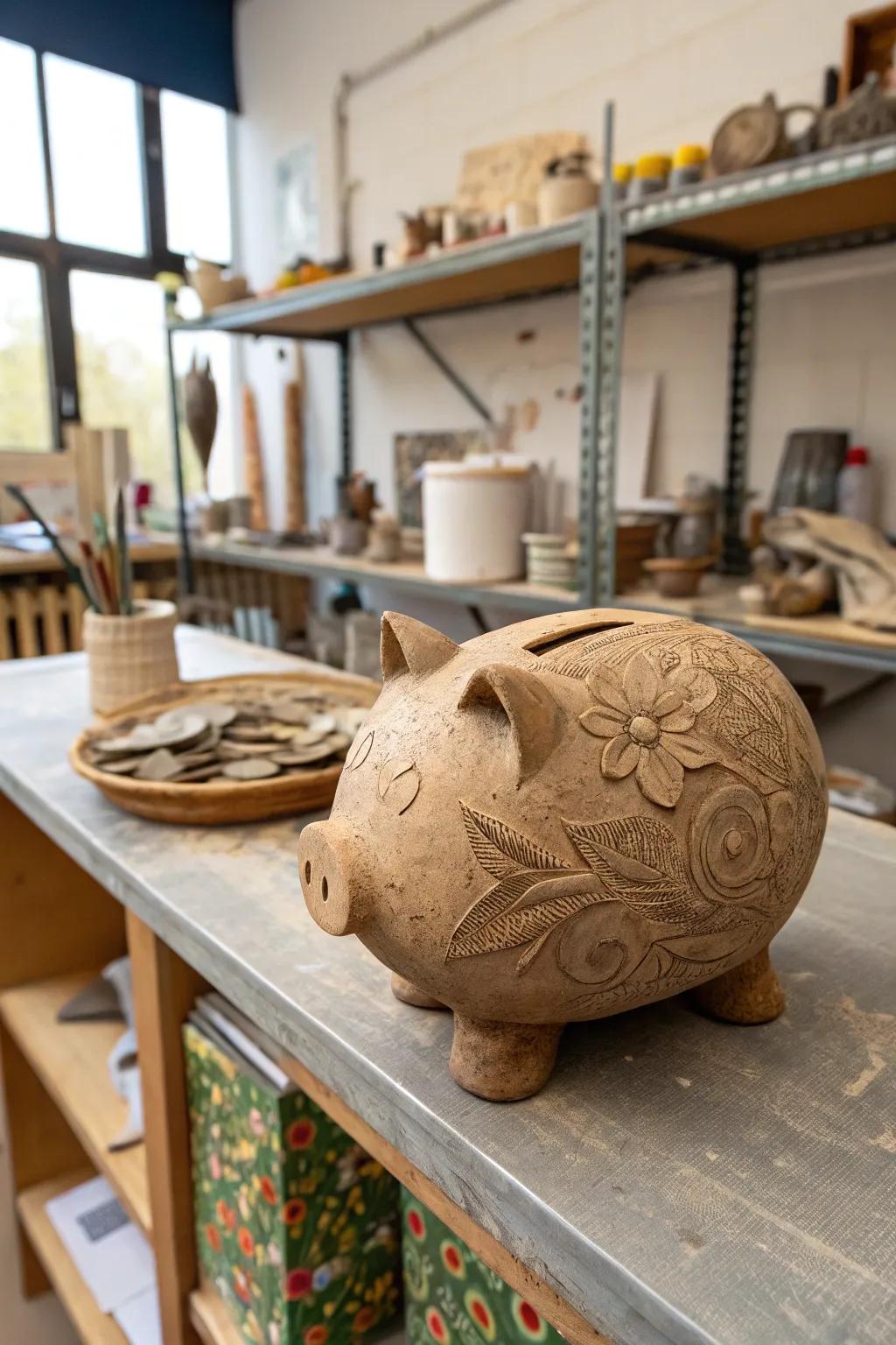 Artistic clay sculpture piggy bank.