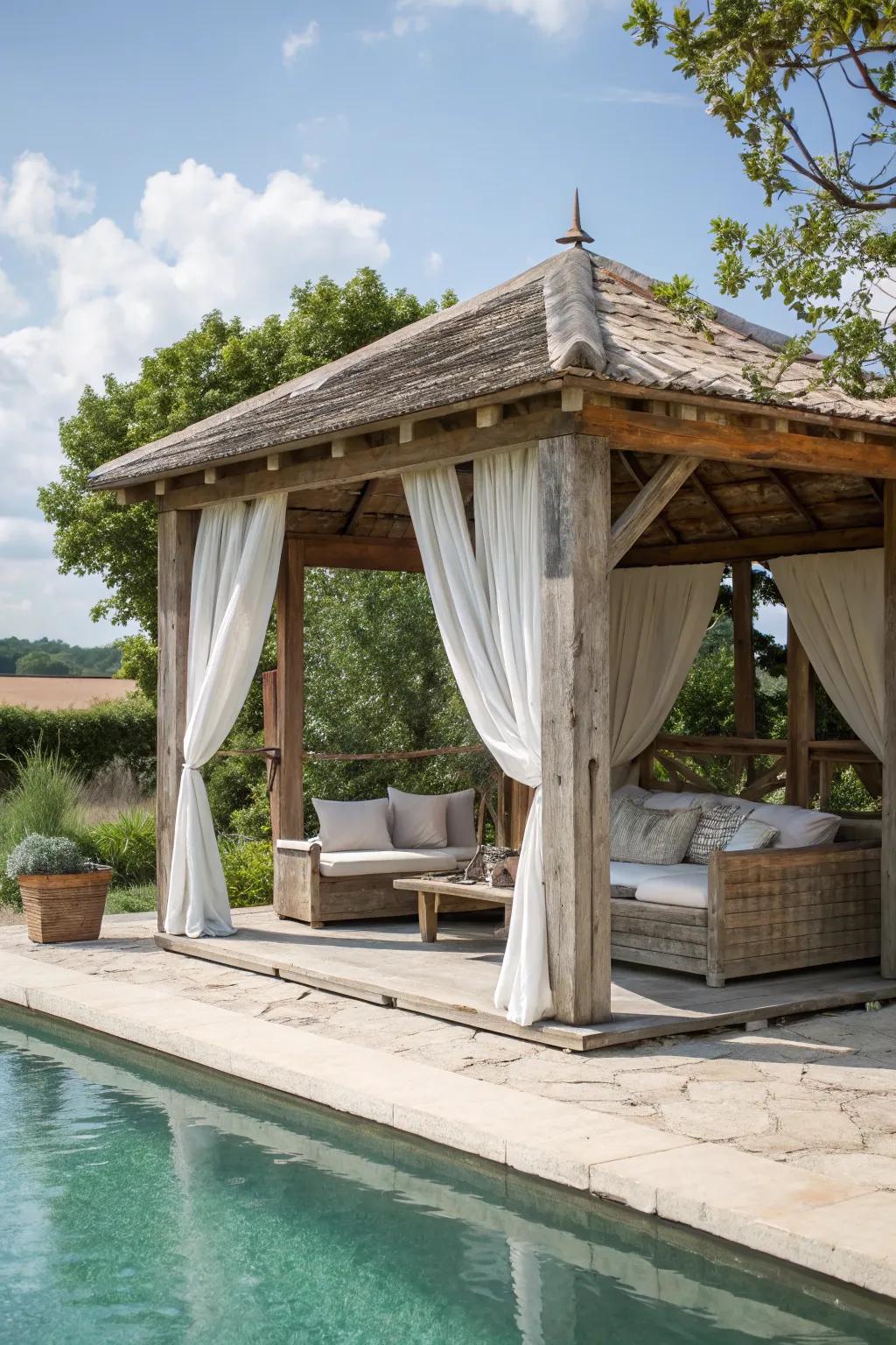 A French country cabana blends rustic charm with elegant comfort.