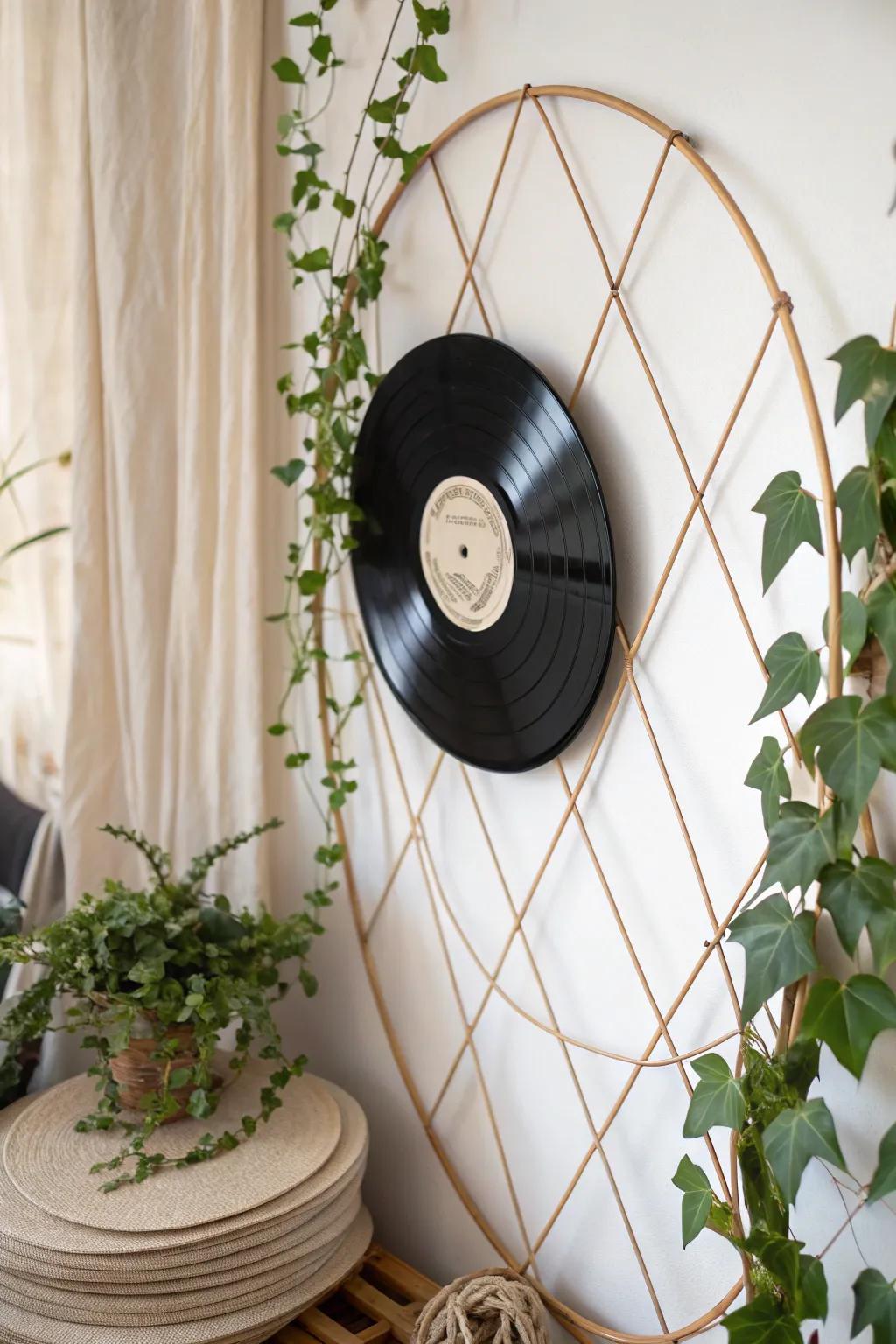 Turn vintage vinyl into a chic plant trellis with a retro twist!