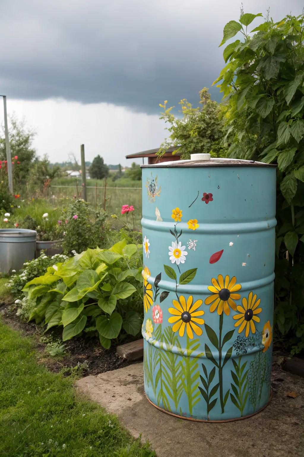 A repurposed oil drum becomes a colorful and eco-friendly rain barrel.