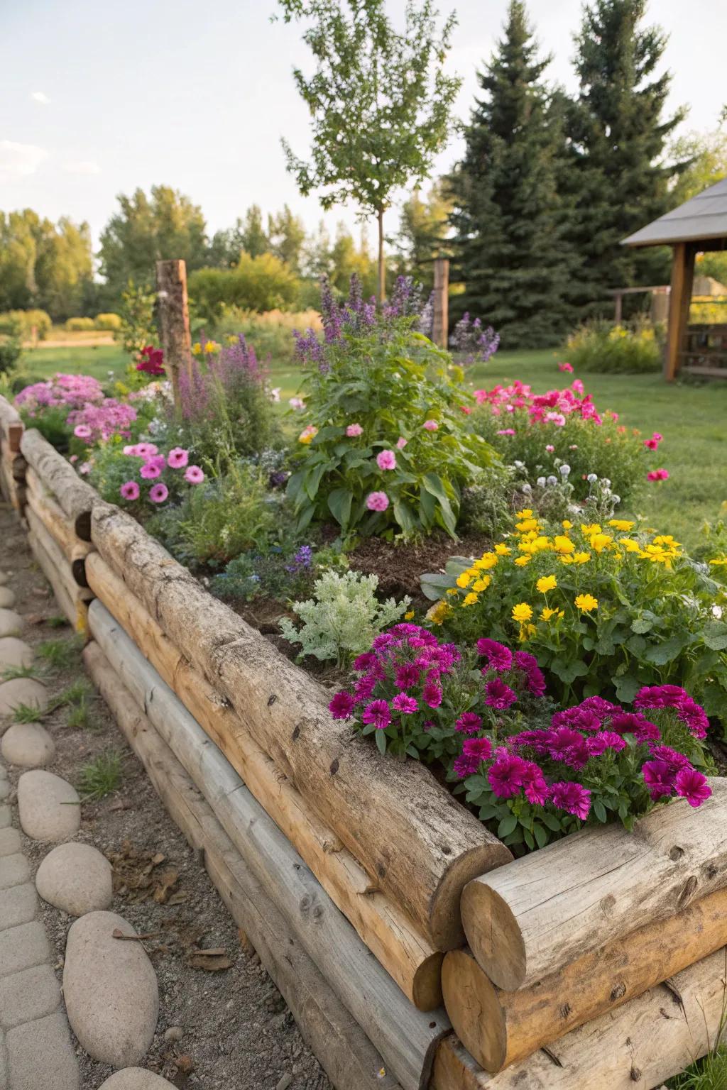 An organic log-bordered raised garden bed.