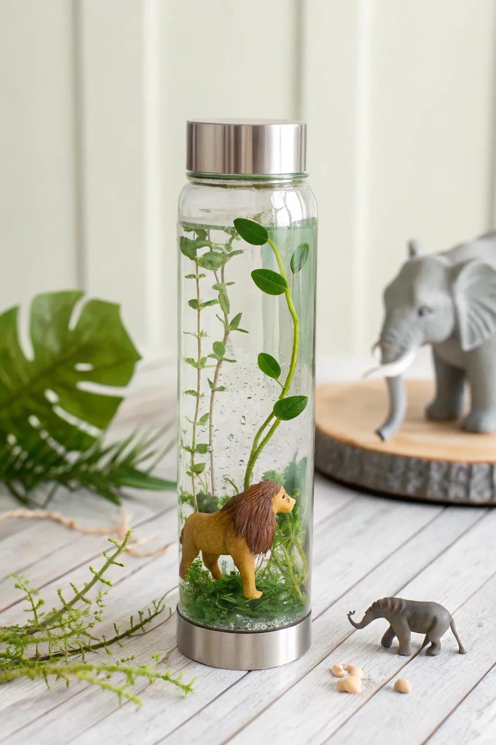 Embark on a serene jungle safari with this beautifully crafted sensory bottle, a minimalist delight for animal lovers.