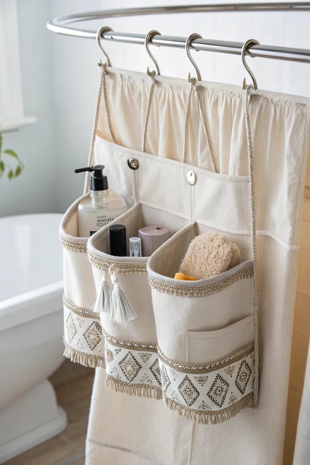 Elevate your bathroom decor with this chic and functional fabric shower caddy, perfect for a touch of minimalist elegance.